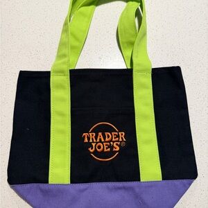 Trader Joe's Black and Purple Tote Bag with Green Straps